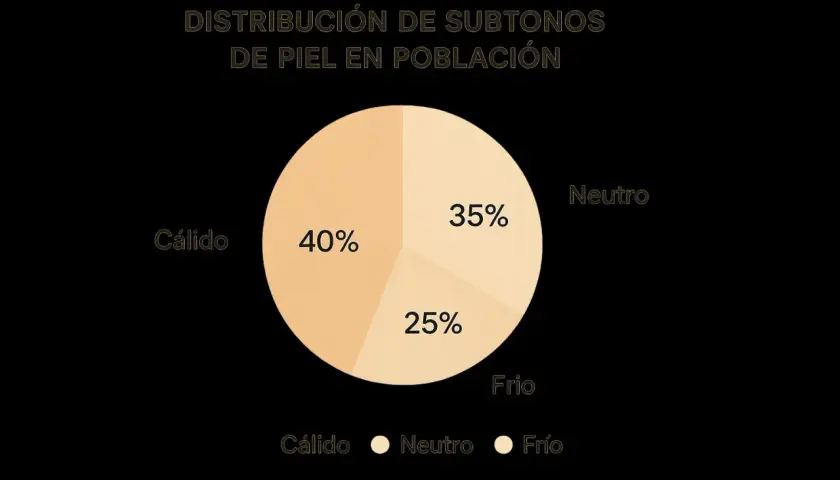 Gráfico de pastel muestra la distribución de subtonos de piel: 40% cálido, 35% neutro y 25% frío.
