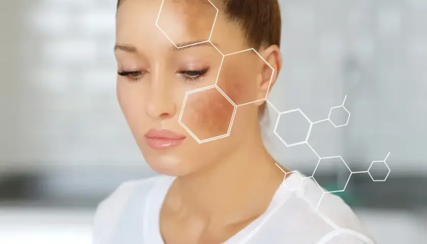 Rostro de mujer con manchas oscuras, ilustrando la melanina que es el pigmento de la piel. Estructura molecular superpuesta.