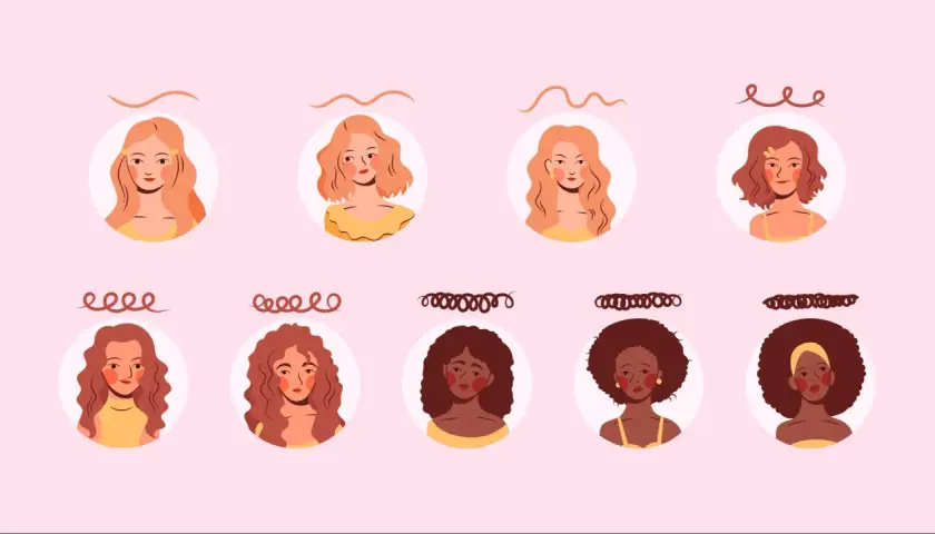 Ilustración de mujeres con distintos tipos de rizos, desde lisos hasta afro.