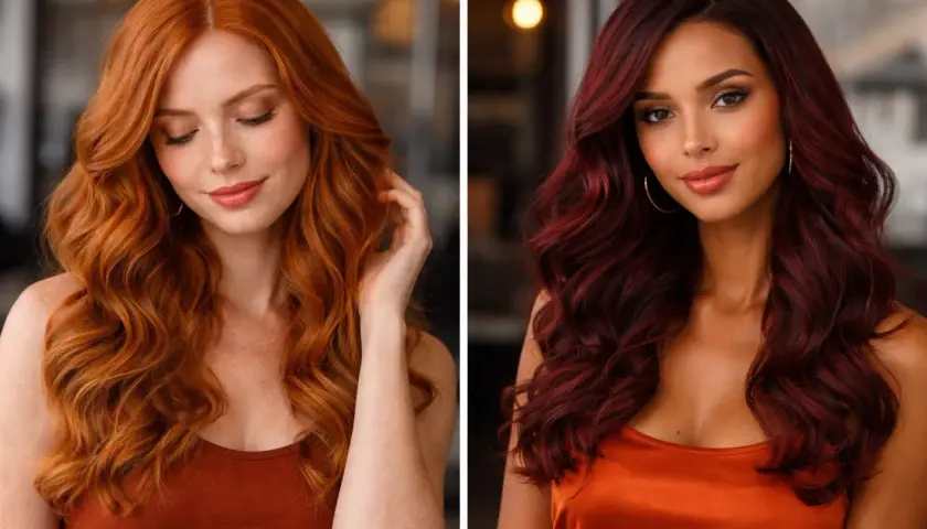 Dos mujeres con estilos de pelo pelirrojo. Una con cabello naranja vibrante y pecas, la otra con un tono borgoña profundo.