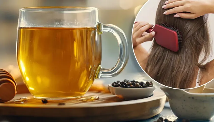 Té verde para el pelo: una taza de té dorado junto a ingredientes naturales y una mujer peinando su cabello.