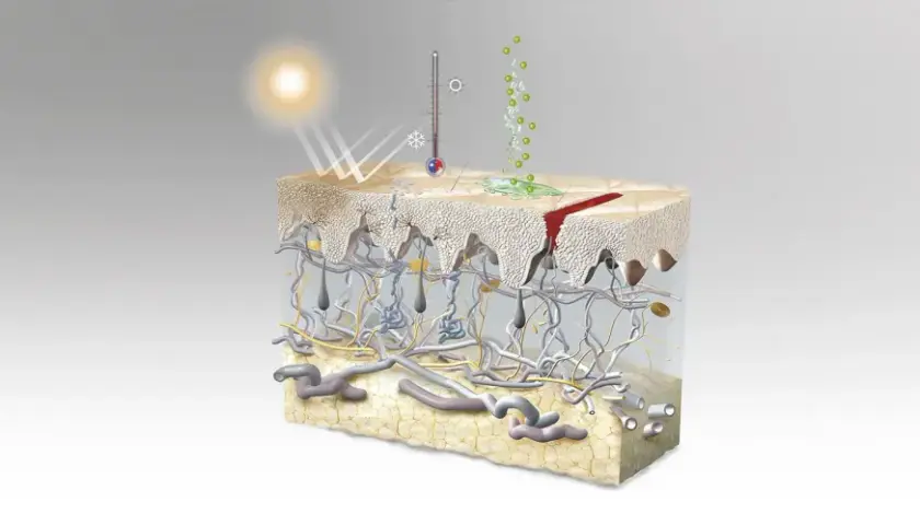 Ilustración detallada de las capas de la piel, mostrando la epidermis, dermis y tejido adiposo, con elementos como el sol, un termómetro y una herida.