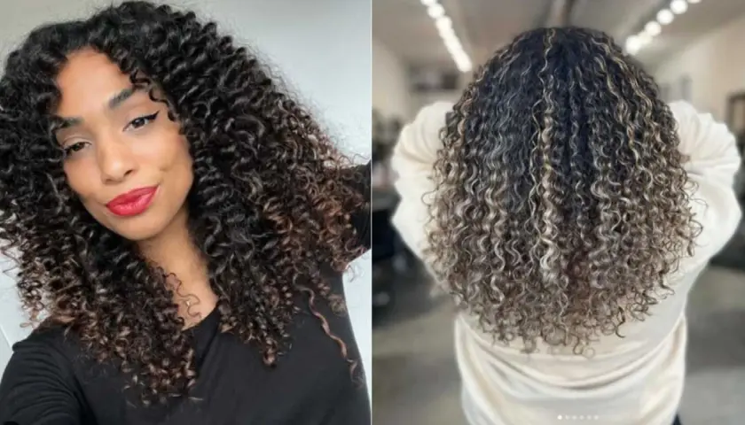 Cabello rizado con balayage y mechas rubias, un look vibrante y lleno de vida.