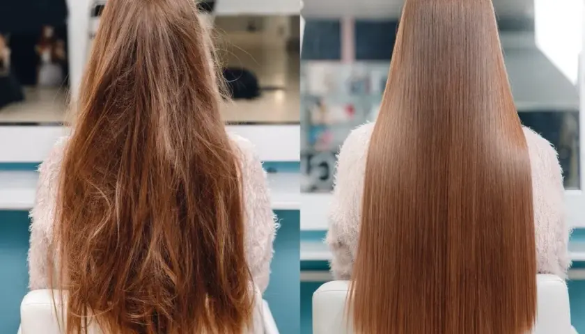 Antes y después de un tratamiento de queratina. Cabello liso, brillante y sin frizz.