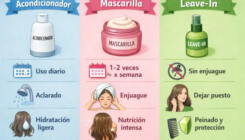Acondicionador: uso diario, aclarado, hidratación ligera. Mascarilla: 1-2 veces/semana, enjuague, nutrición intensa. Leave-in: sin enjuague, dejar puesto, peinado y protección.