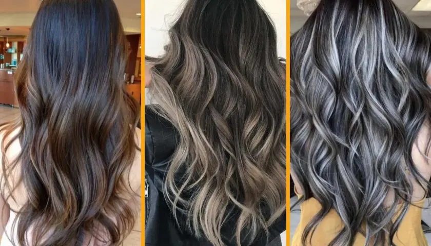 Tres estilos de pelo negro con mechas rubias y grises, mostrando diferentes técnicas de balayage y ombré para un look moderno y con profundidad.