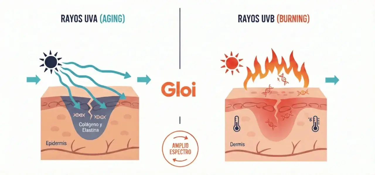 Los rayos uva son malos, dañan el colágeno y la elastina. Los rayos UVB queman la piel y el ADN.