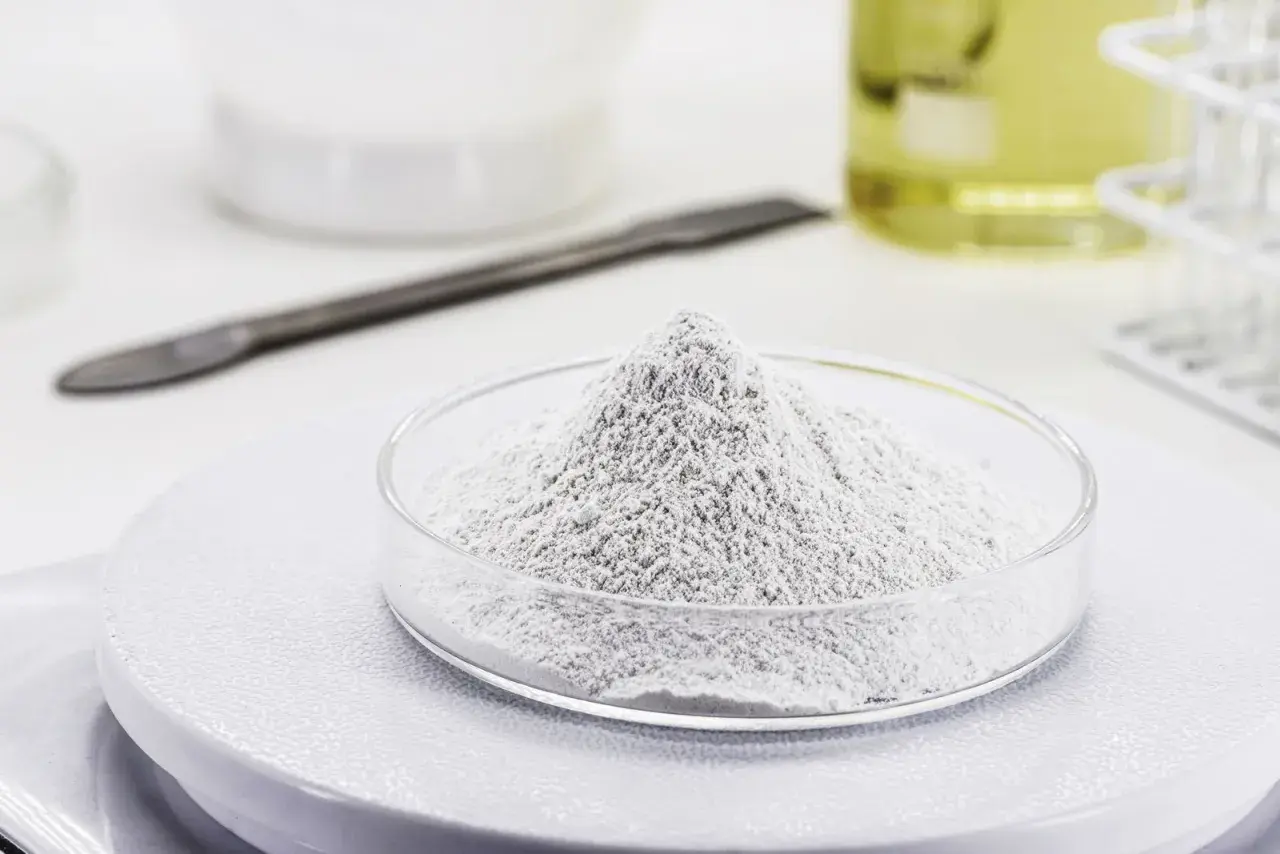 Polvo blanco en un plato de vidrio, listo para ser usado en diversas aplicaciones. El óxido de zinc sirve para proteger la piel y como ingrediente en pinturas.