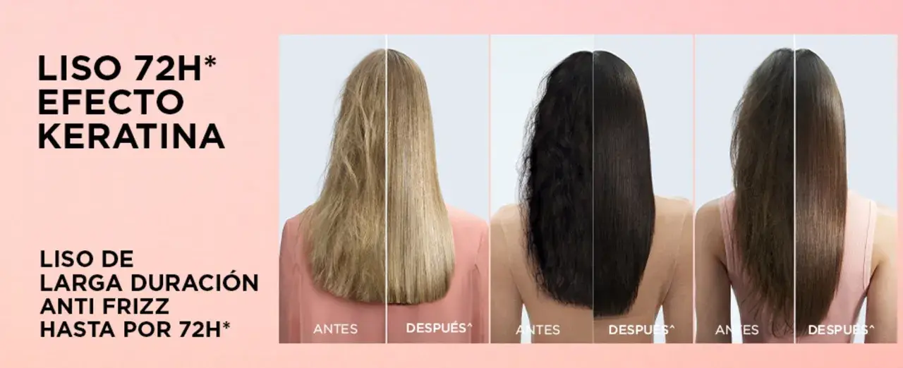 Tres mujeres muestran antes y después de un tratamiento capilar. Logran un pelo liso natural, sin frizz y con efecto queratina duradero.