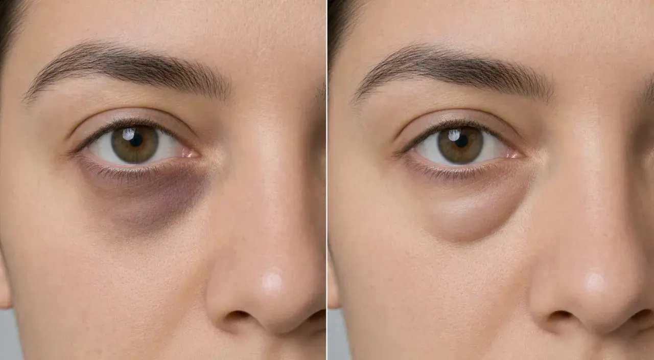 Comparación de tipos de ojeras: antes y después de un tratamiento. Se muestra un ojo con ojeras oscuras y abultadas, y luego el mismo ojo con la piel más clara y lisa.