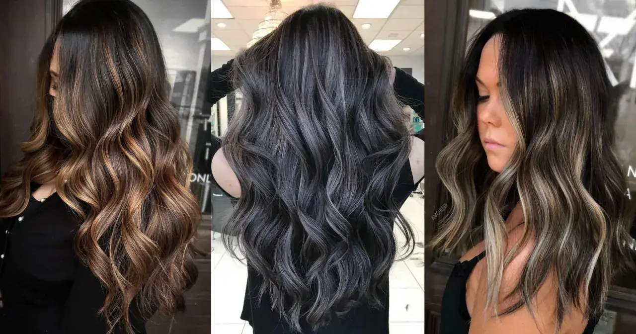 Tres estilos de pelo negro con mechas balayage, mostrando ondas y degradados de color.