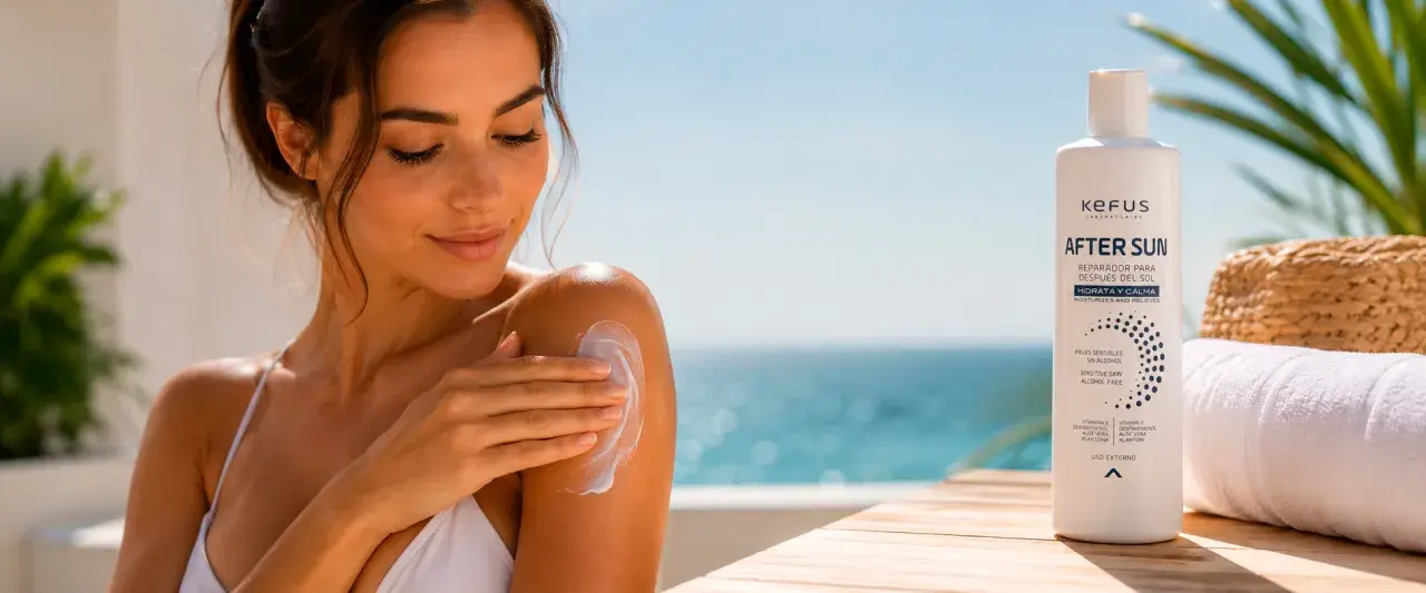 Mujer aplicándose after sun en el hombro. Este producto es ideal para hidratar y calmar la piel tras la exposición solar.