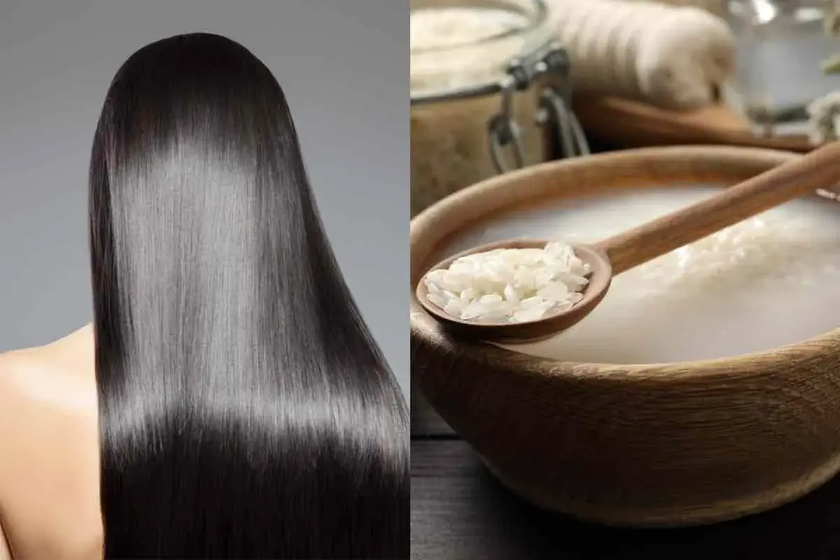 Cabello largo y sedoso junto a un cuenco de madera con agua de arroz para el pelo y una cuchara llena de arroz.