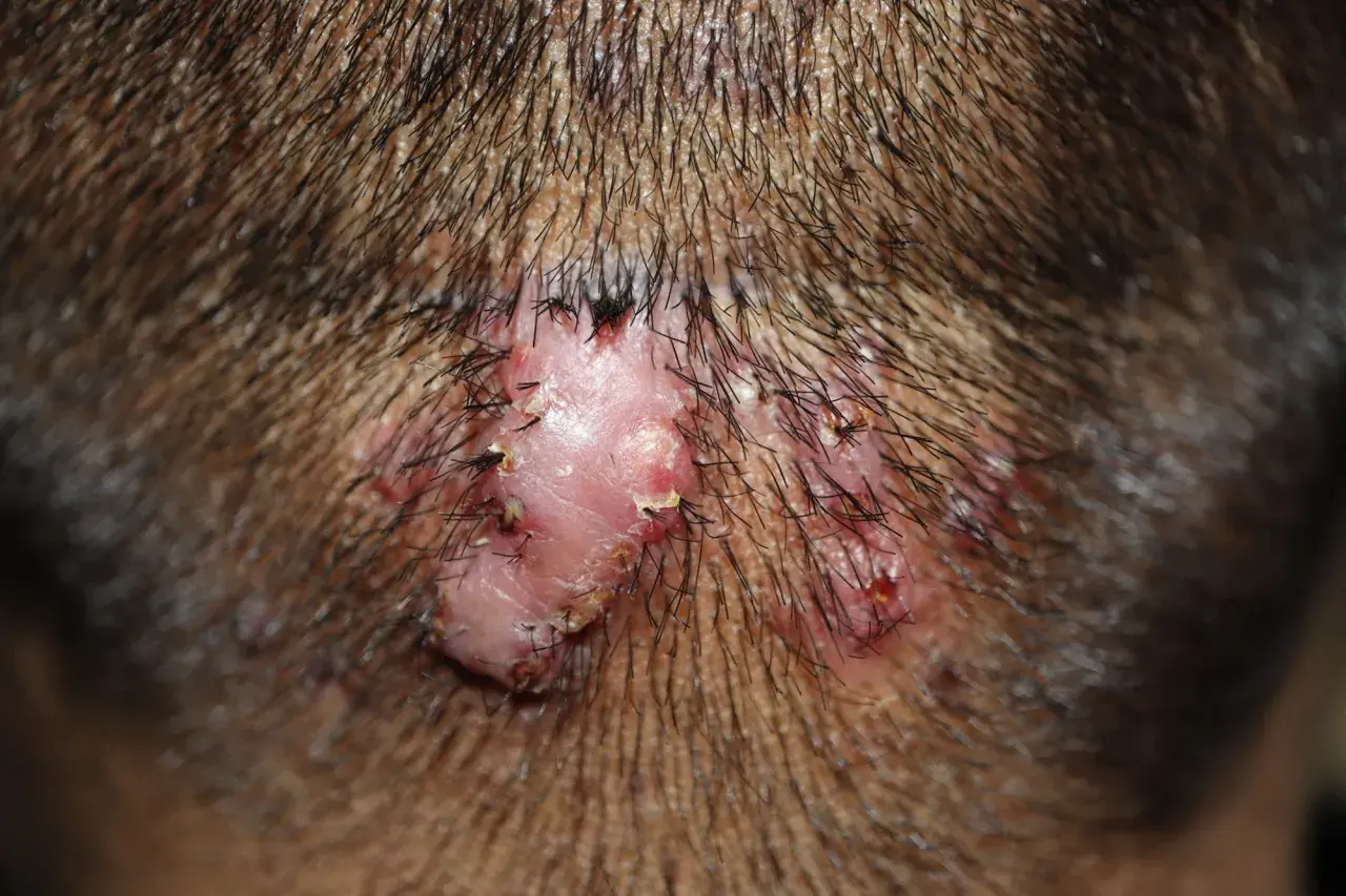 Lesión cutánea con varios granos en el cuello, rodeada de vello oscuro.