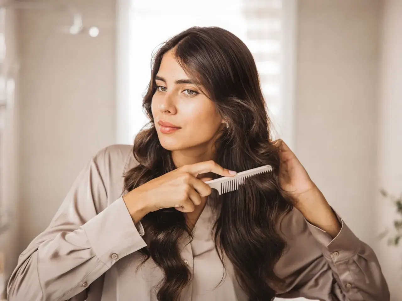 Mujer peinando su cabello oscuro y ondulado, mostrando una envidiable densidad capilar.