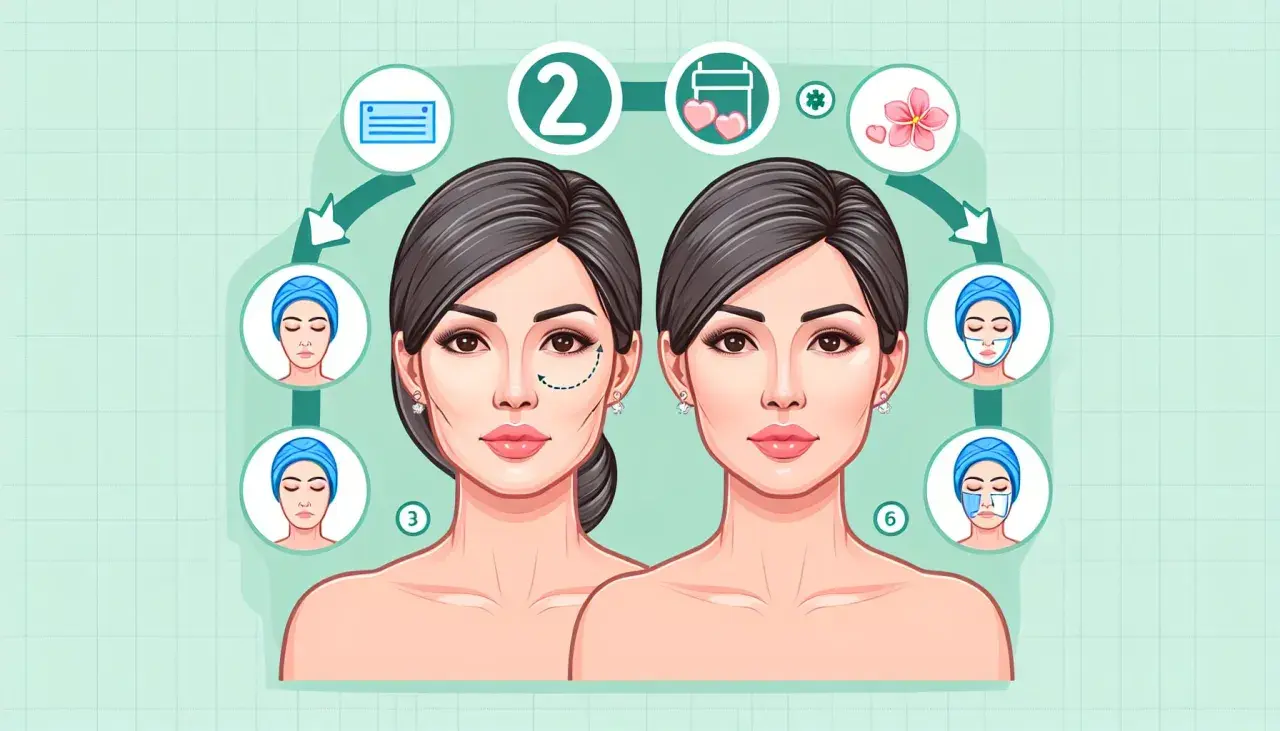 Ilustración de un lifting facial casero con pasos que muestran la aplicación de mascarillas y el antes y después de una mujer.