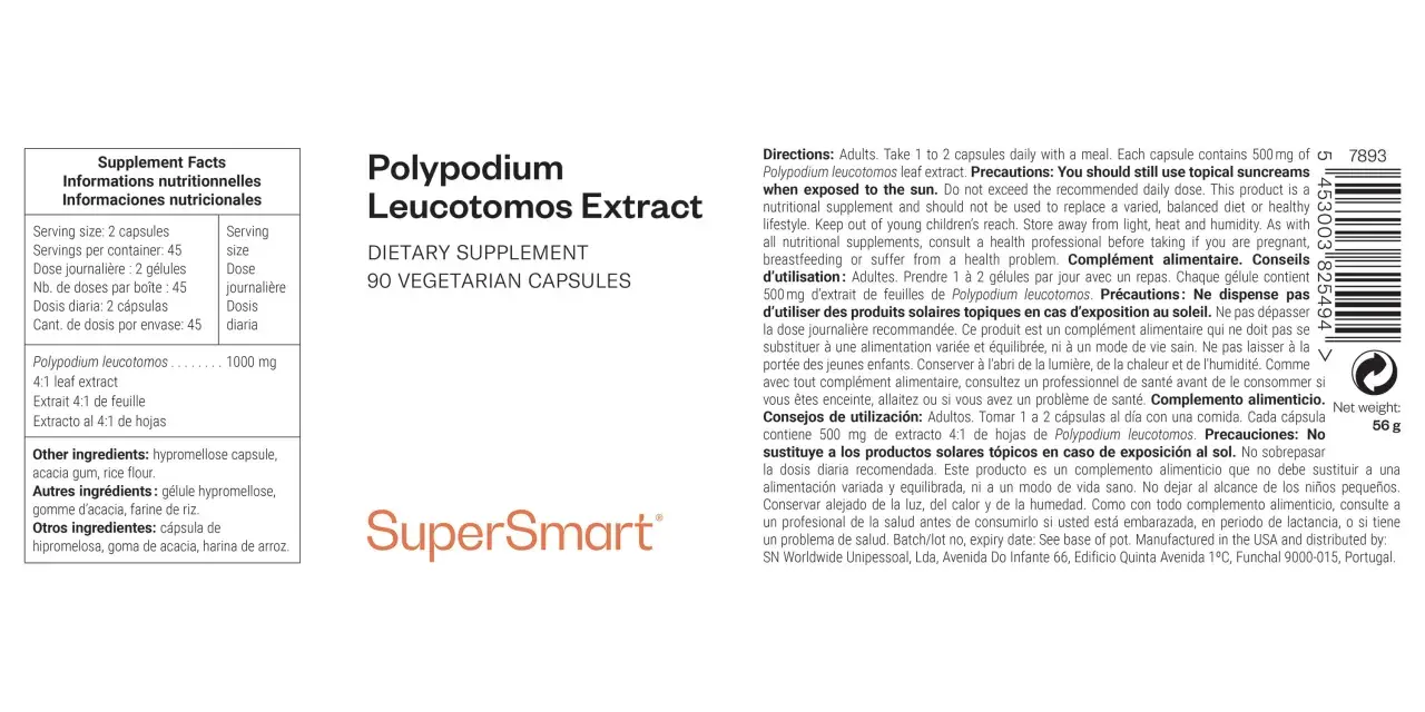 Extracto de hojas de Polypodium leucotomos en cápsulas vegetarianas. 90 cápsulas.