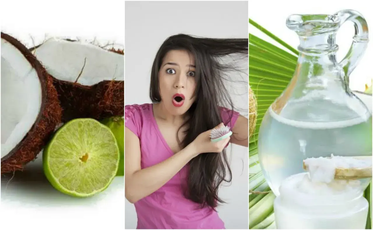 Coco y lima junto a una mujer sorprendida con su cabello y un frasco de aceite de coco. ¡El agua de coco para el pelo es un secreto de belleza!