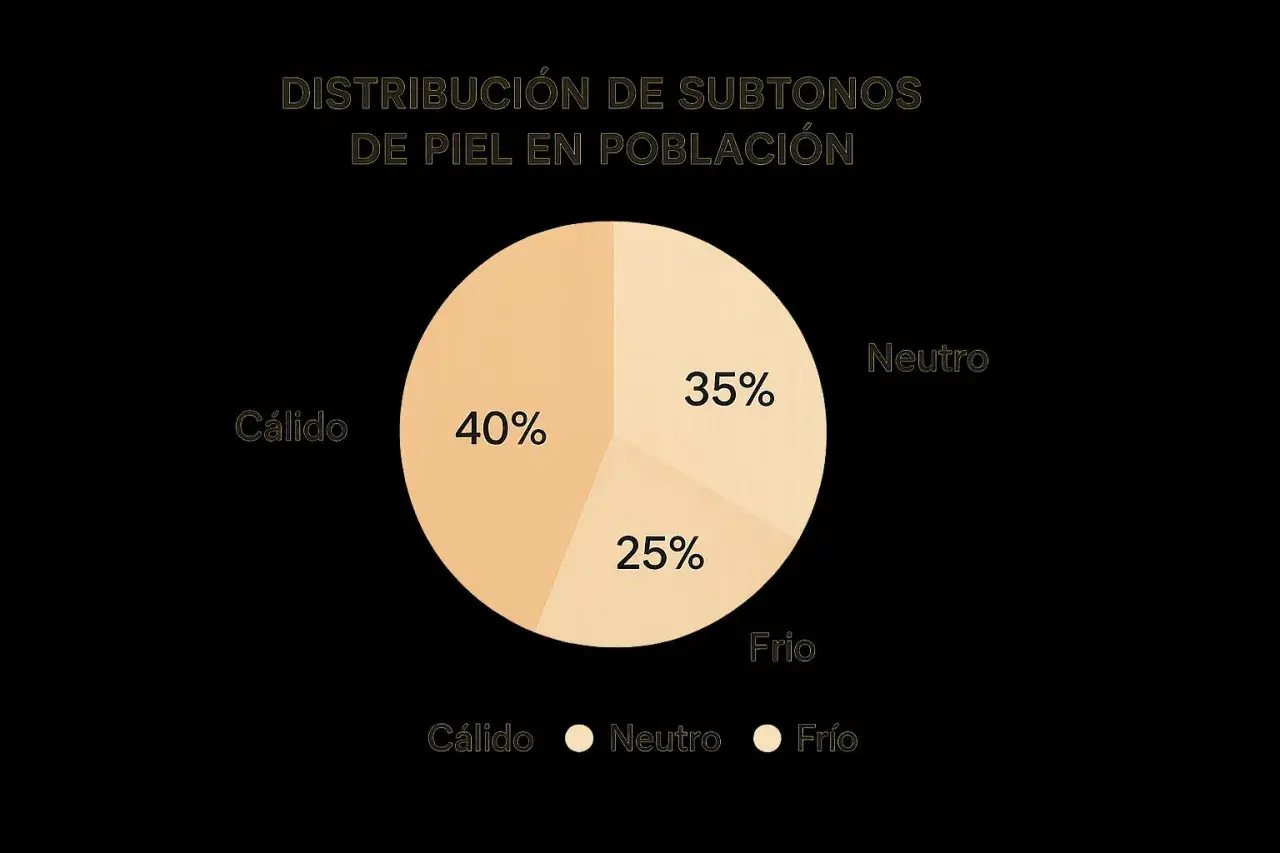 Gráfico de pastel muestra la distribución de subtonos de piel: 40% cálido, 35% neutro y 25% frío.