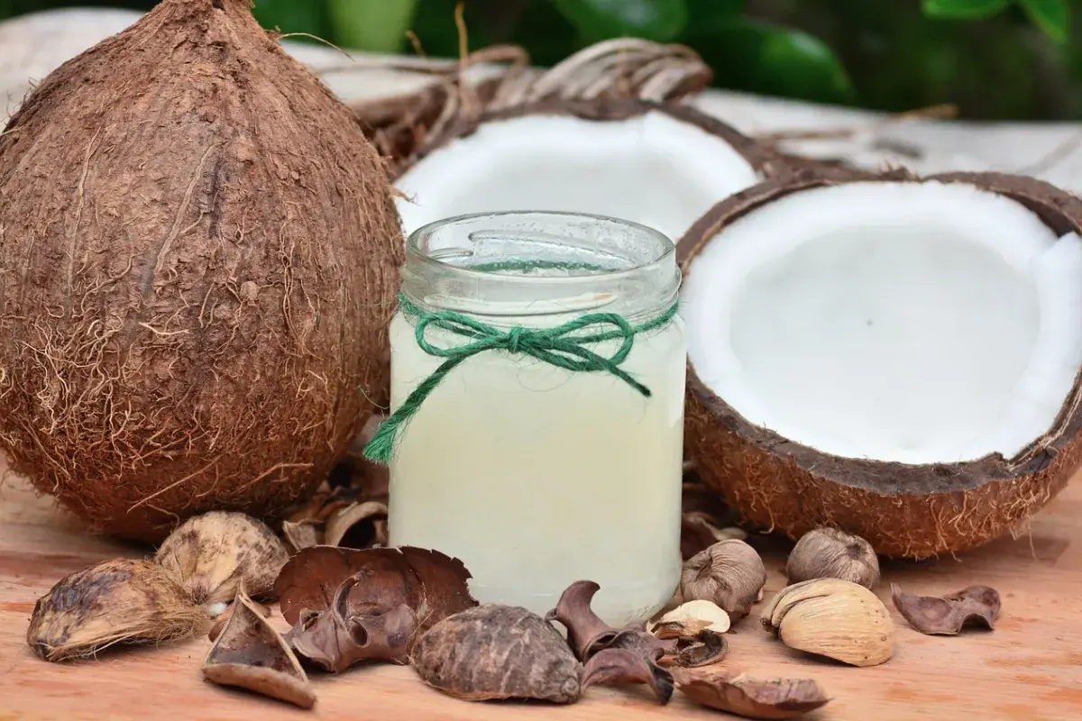 Aceite de coco para que sirve: un frasco de aceite de coco rodeado de cocos enteros y partidos, ideal para la piel y el cabello.