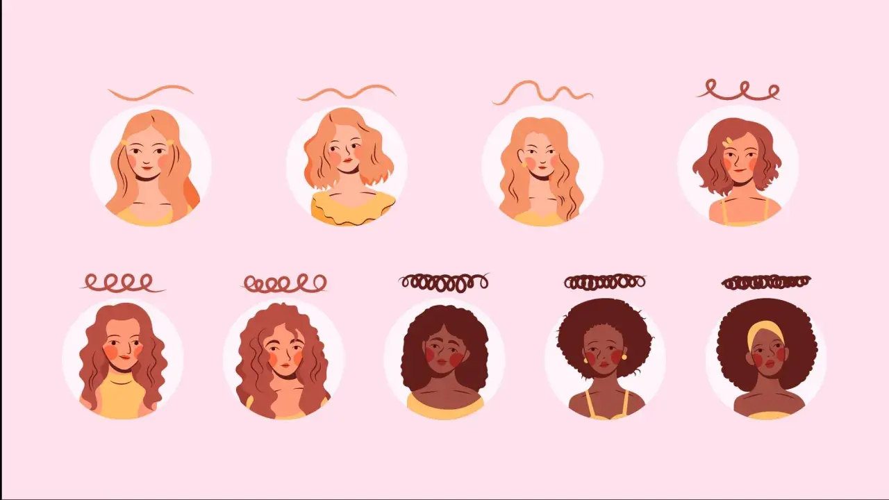 Ilustración de mujeres con distintos tipos de rizos, desde lisos hasta afro.