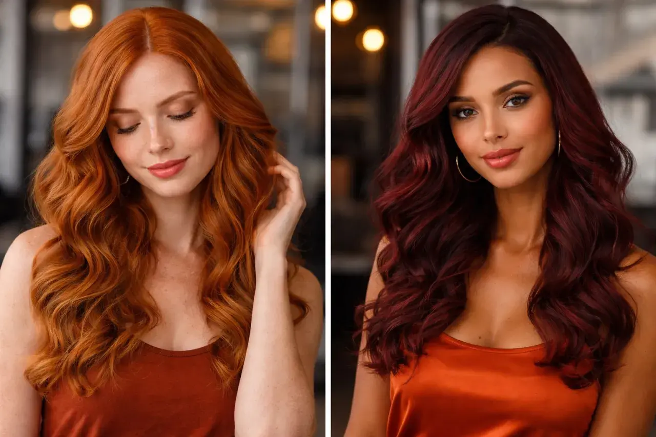 Dos mujeres con estilos de pelo pelirrojo. Una con cabello naranja vibrante y pecas, la otra con un tono borgoña profundo.