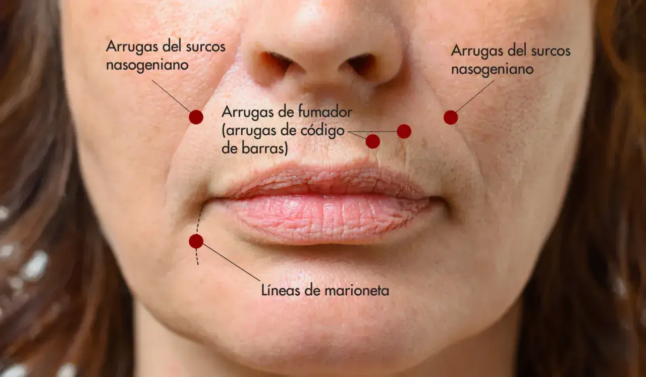 Primer plano de un rostro femenino mostrando arrugas del surco nasogeniano, líneas de marioneta y arrugas de fumador.