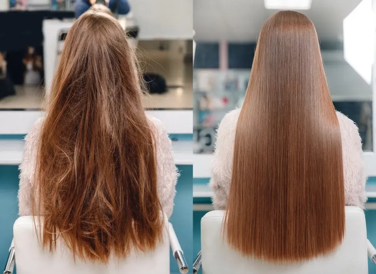 Antes y después de un tratamiento de queratina. Cabello liso, brillante y sin frizz.