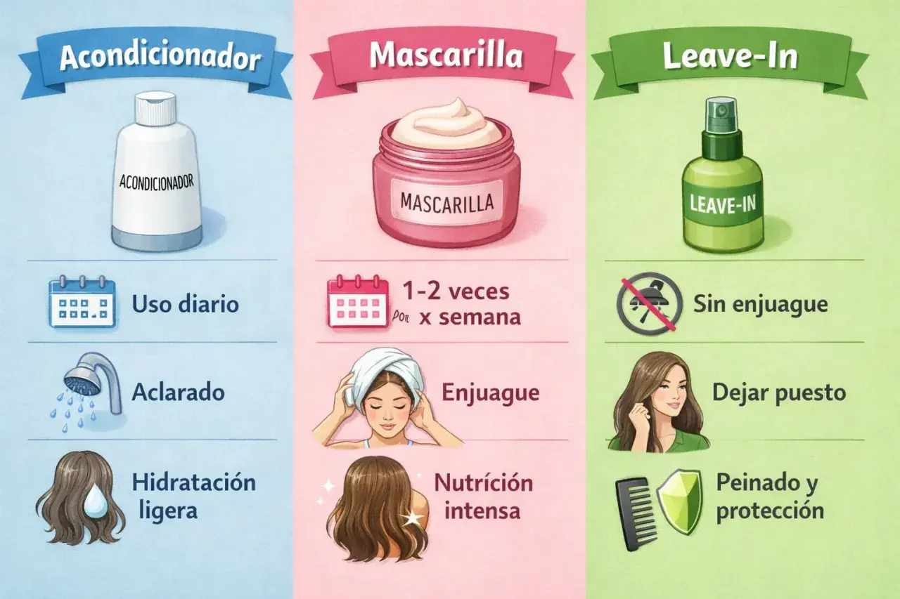 Acondicionador: uso diario, aclarado, hidratación ligera. Mascarilla: 1-2 veces/semana, enjuague, nutrición intensa. Leave-in: sin enjuague, dejar puesto, peinado y protección.