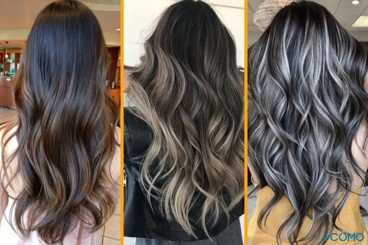 Tres estilos de pelo negro con mechas rubias y grises, mostrando diferentes técnicas de balayage y ombré para un look moderno y con profundidad.