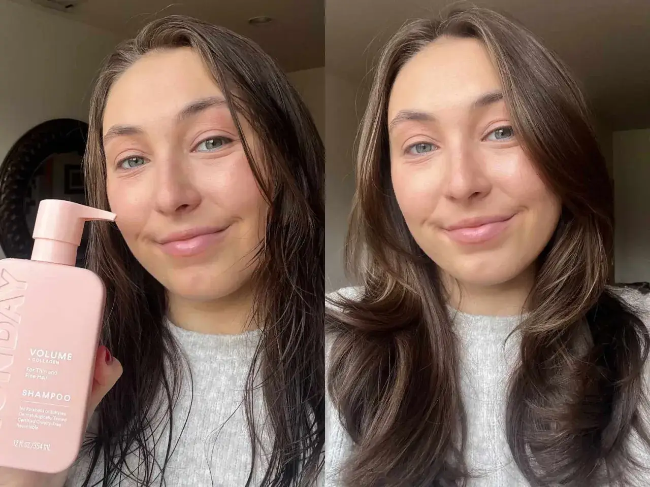 Antes y después de usar un champú para pelo fino. ¡Resultados visibles! Busca remedios caseros para fortalecer el pelo fino.