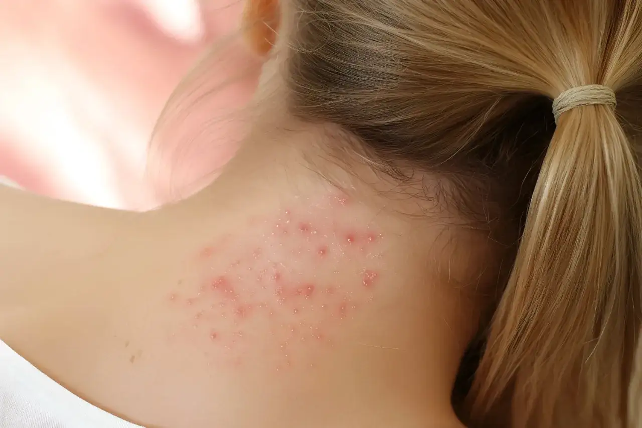 Primer plano de granos en el cuello de una persona joven, con el cabello rubio recogido en una coleta.