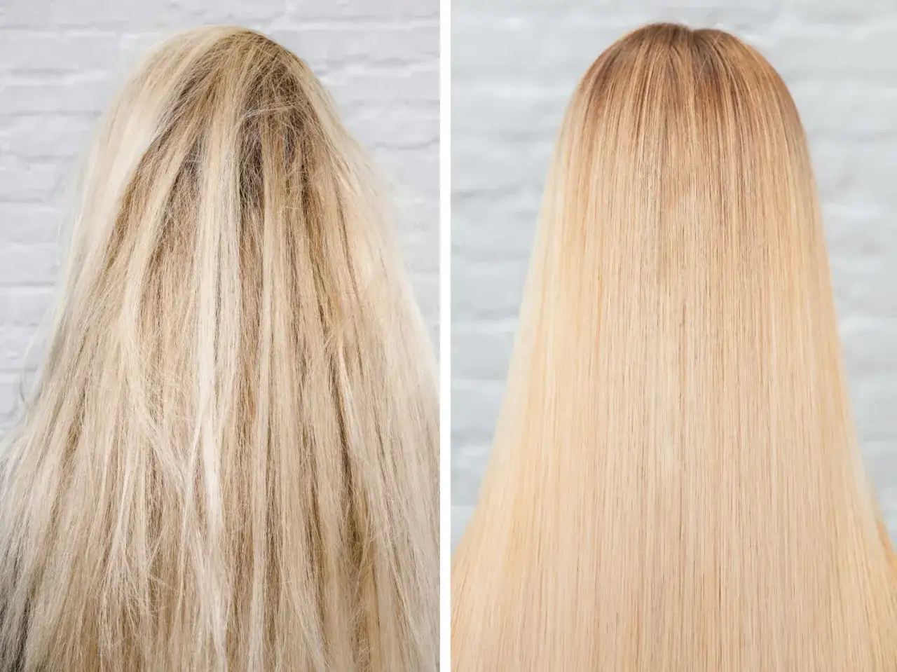 Cabello da&ntilde;ado y seco a la izquierda, cabello sano y brillante a la derecha. Decolorar el pelo es malo, mira la diferencia.