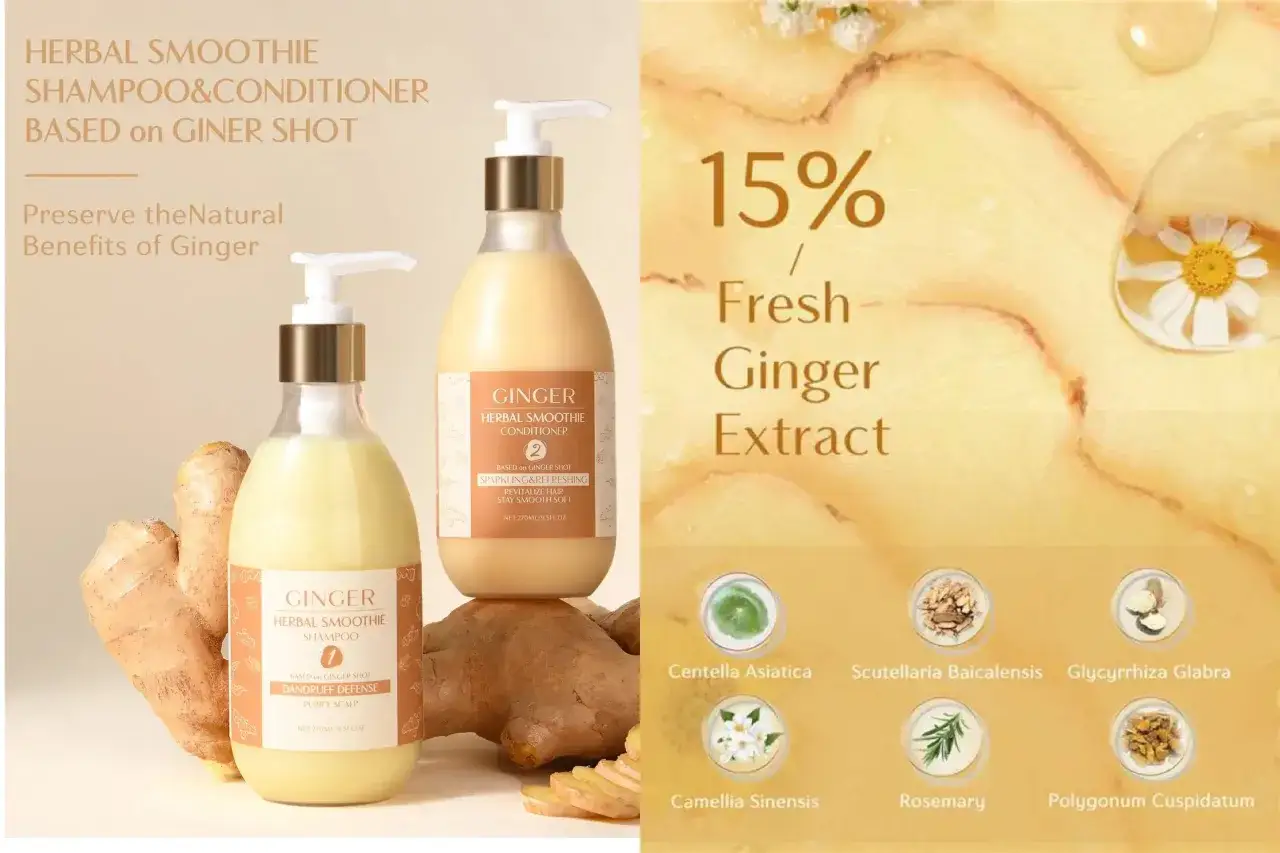 Champú y acondicionador con extracto de jengibre fresco para el cabello. Beneficios naturales del jengibre para un cabello revitalizado y suave.