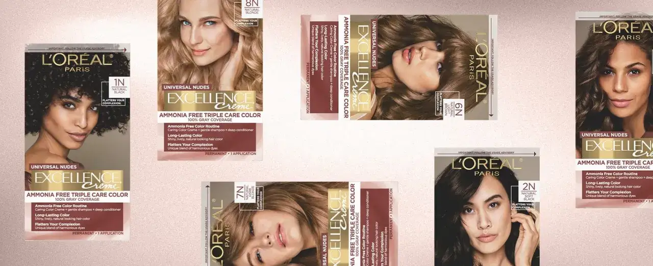 Cajas de tinte L'Or&eacute;al Excellence Cr&egrave;me sin amoniaco, ideales para el tiempo entre tinte y tinte. Muestran modelos con diferentes tonos de cabello.