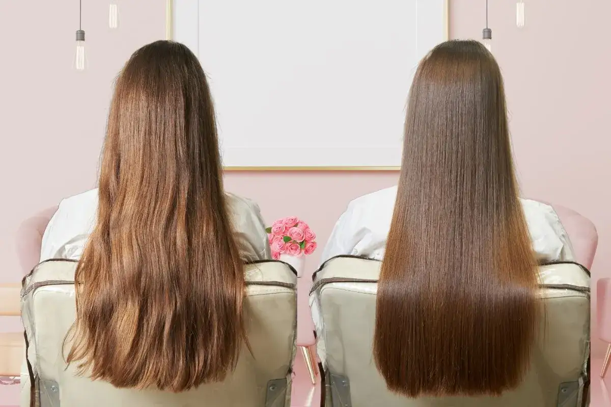Cabello antes y despu&eacute;s de un tratamiento de keratina. El antes muestra cabello seco y encrespado, el despu&eacute;s, liso y brillante.