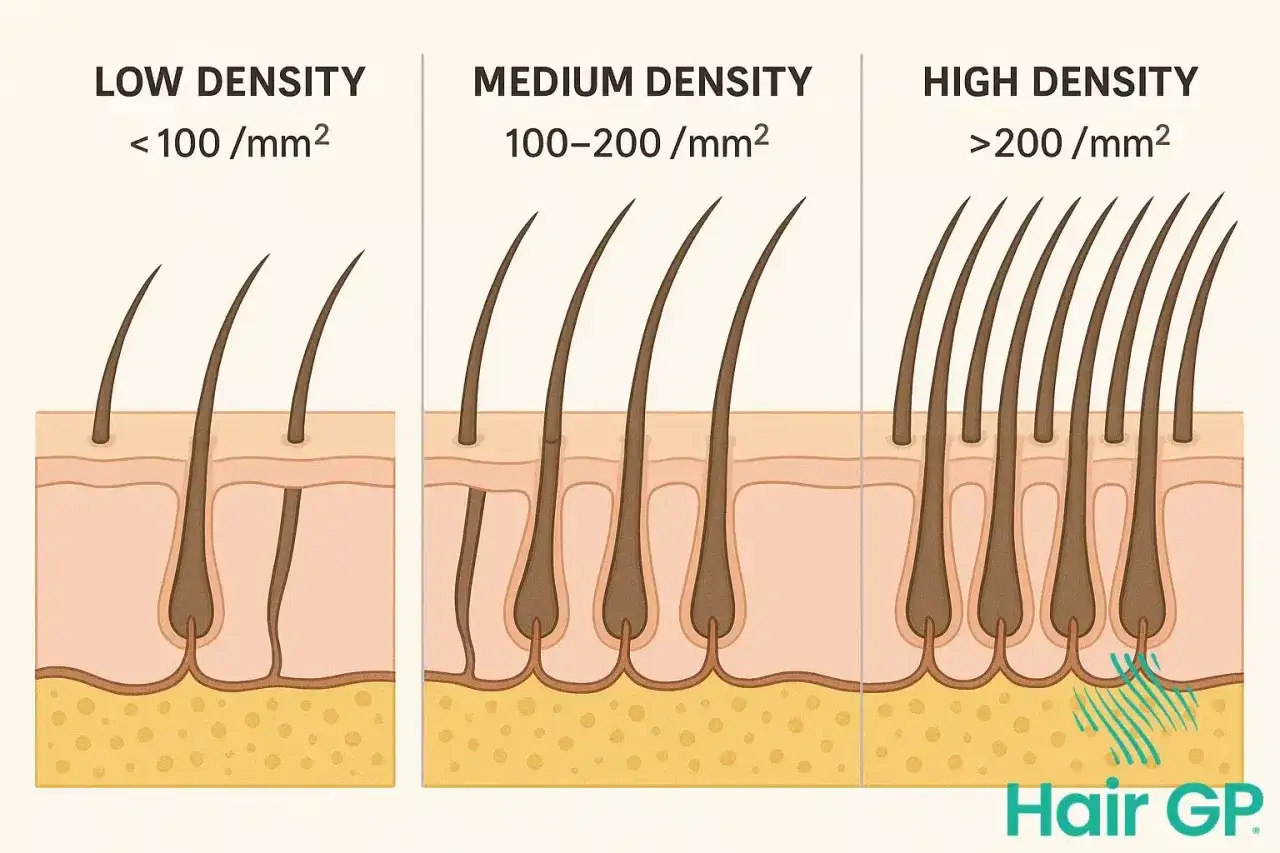 Ilustración de la piel mostrando baja densidad de pelo (<100/mm²), densidad media (100-200/mm²) y alta densidad (>200/mm²).