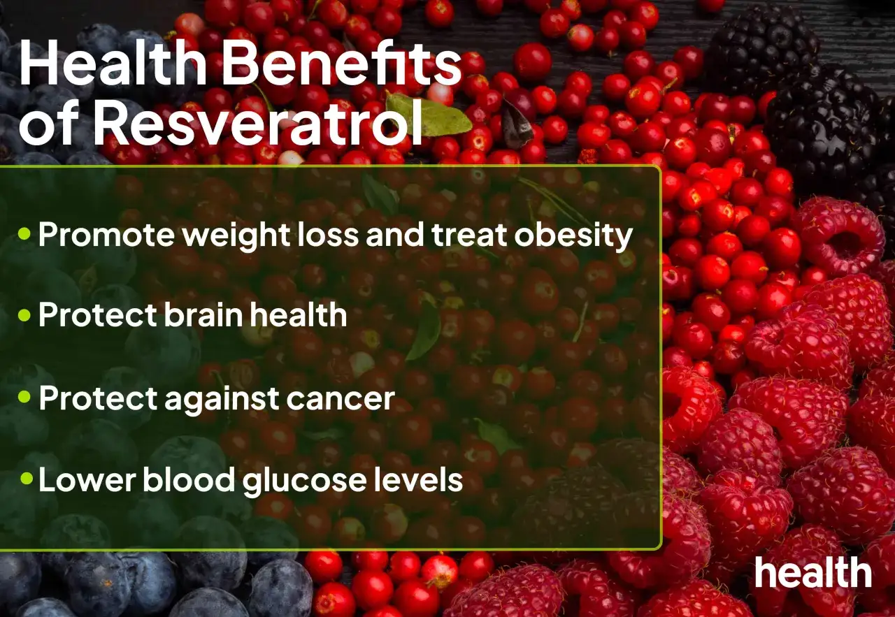 Beneficios del resveratrol para que sirve: promueve la p&eacute;rdida de peso, protege el cerebro y contra el c&aacute;ncer, y reduce la glucosa.