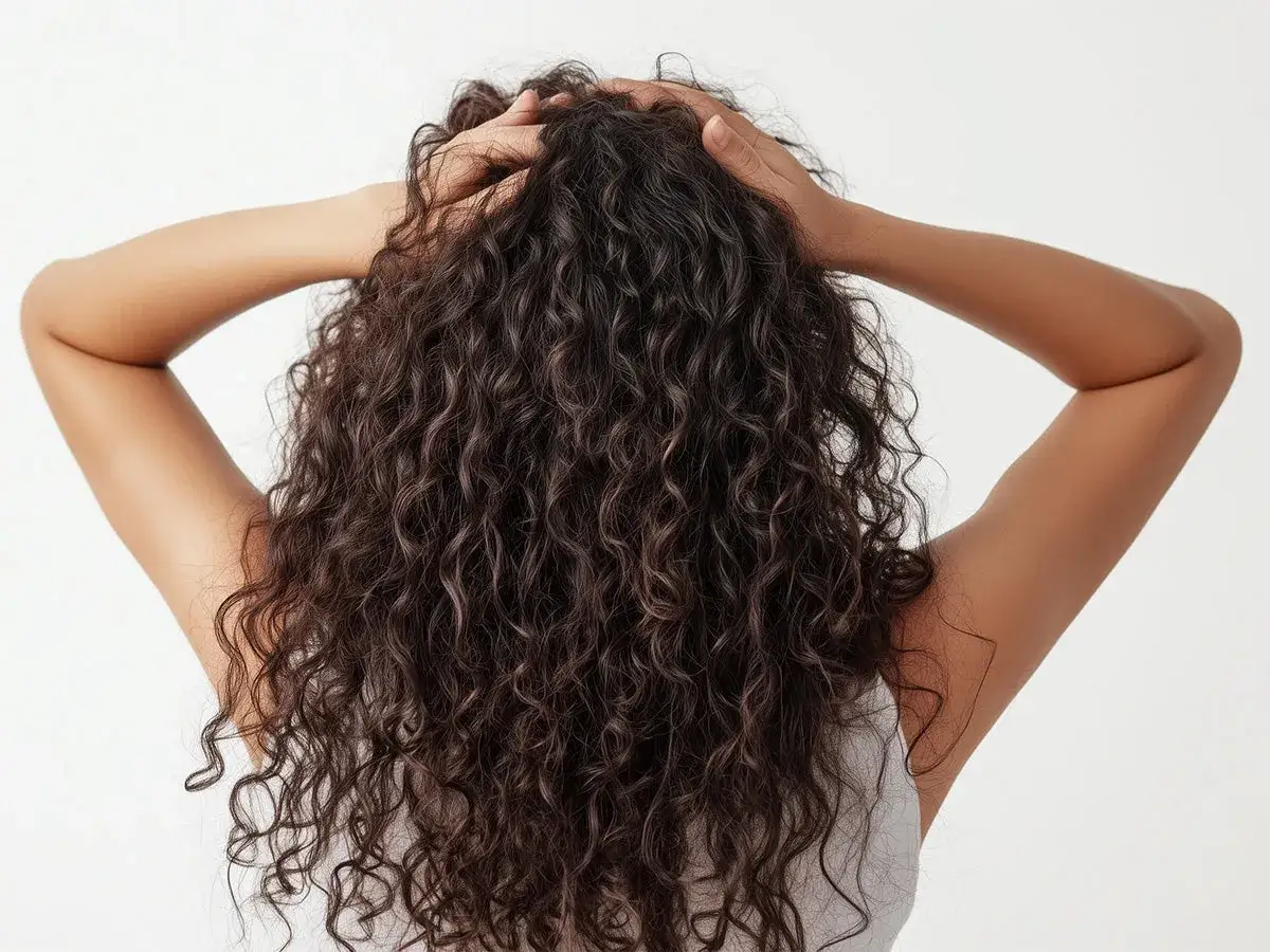 Mujer con cabello encrespado y rizado, oscuro y largo, toc&aacute;ndose la cabeza.