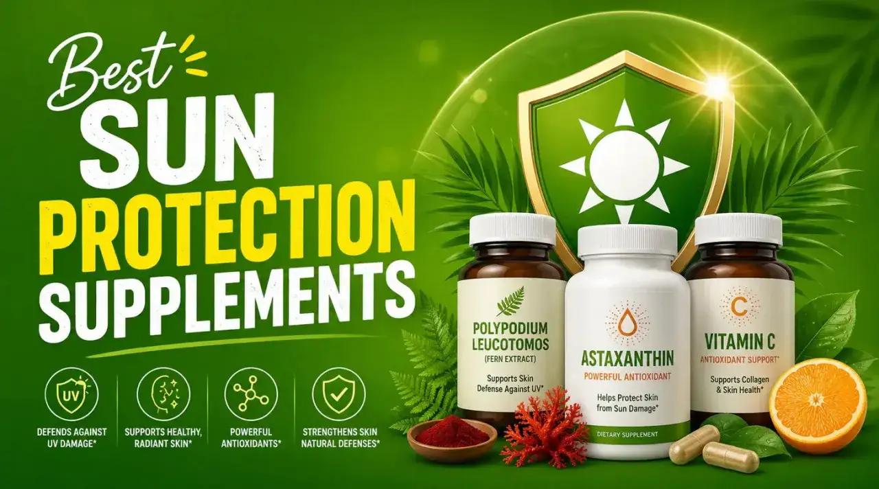 Suplementos de protección solar con Polypodium leucotomos, astaxantina y vitamina C. Defienden contra el daño UV.