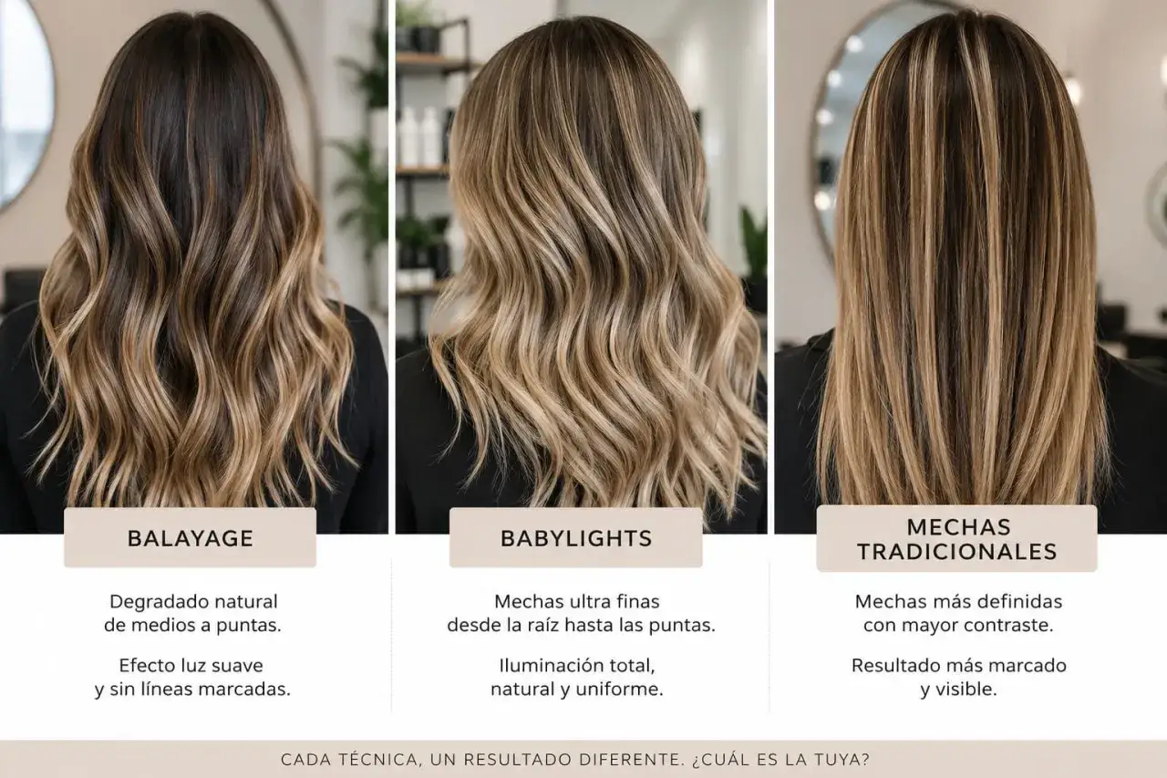 Tres estilos de mechas: balayage, babylights y tradicionales. Compara la diferencia entre balayage y babylight para elegir tu look.