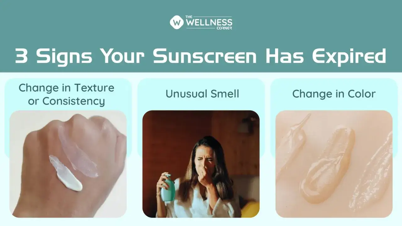 &iquest;Qu&eacute; pasa si te echas crema solar caducada? La imagen muestra 3 se&ntilde;ales: cambio de textura, olor inusual y cambio de color.