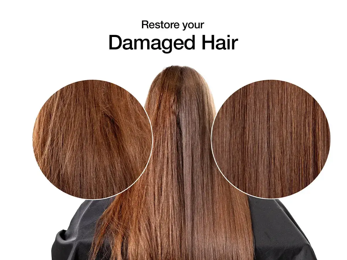 Cabello casta&ntilde;o con puntas abiertas y aspecto de pelo deshidratado, comparado con mechones lisos y brillantes.