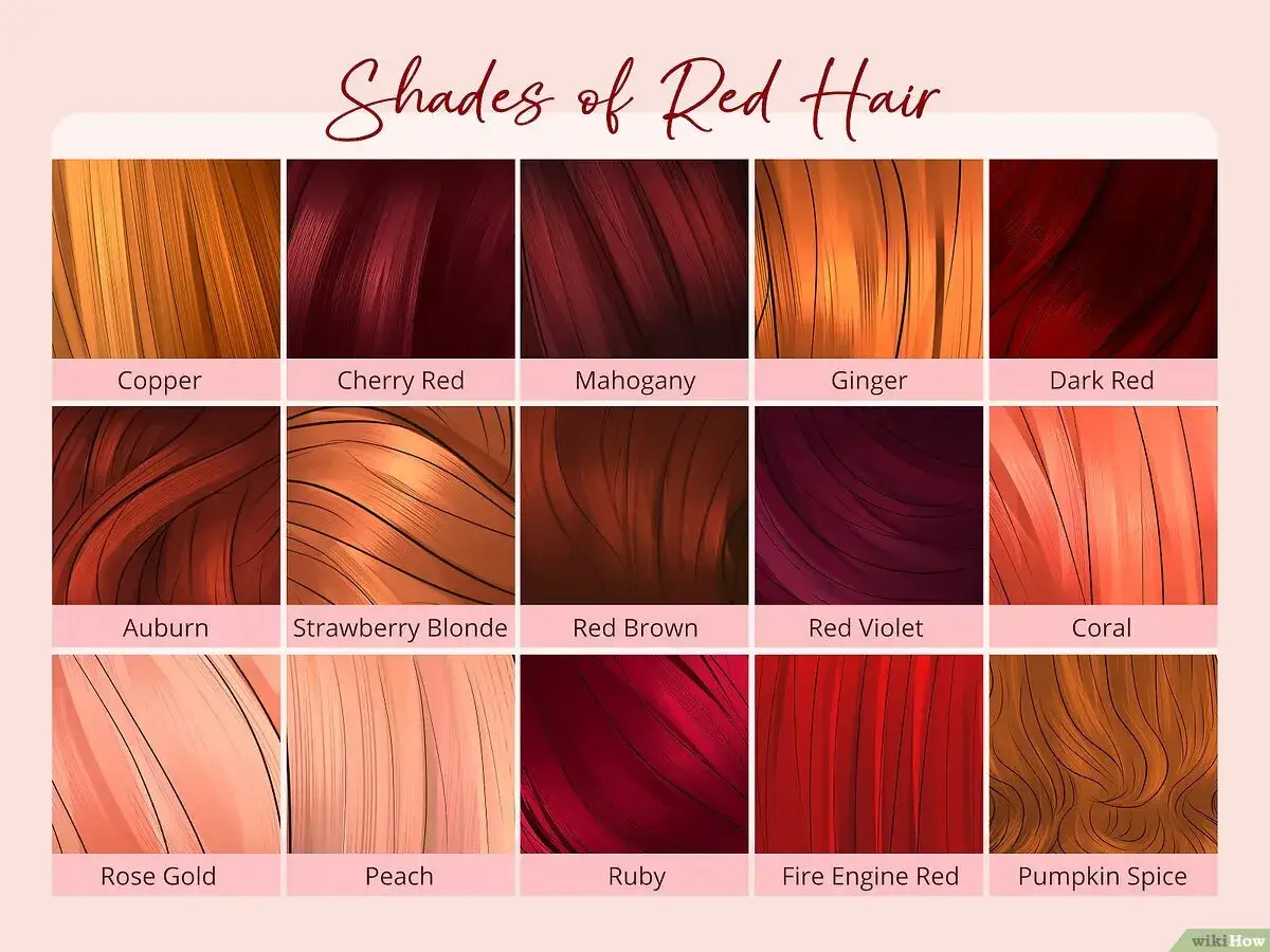 Muestra diferentes tonos de pelo pelirrojo, desde cobre y jengibre hasta rojo cereza y rubio fresa.
