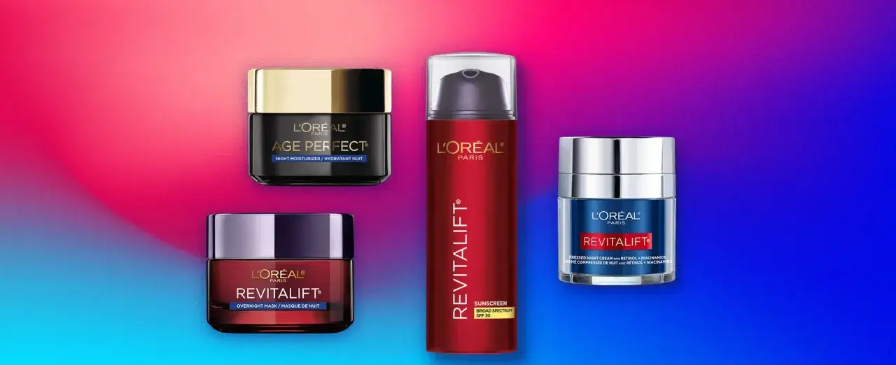 Cuatro productos L'Oréal Paris, incluyendo cremas y mascarilla de noche, ideales para el cuidado de la piel sensible.