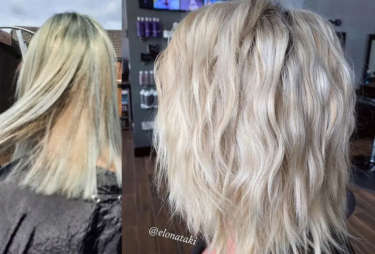 Antes y despu&eacute;s: c&oacute;mo quitar el verde del pelo. Cabello rubio deslavado y con tonos verdosos transformado en un rubio vibrante y con ondas.