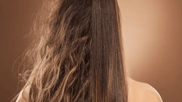 Cabello partido y seco a la izquierda, liso y sedoso a la derecha. El **pelo deshidratado** se transforma.